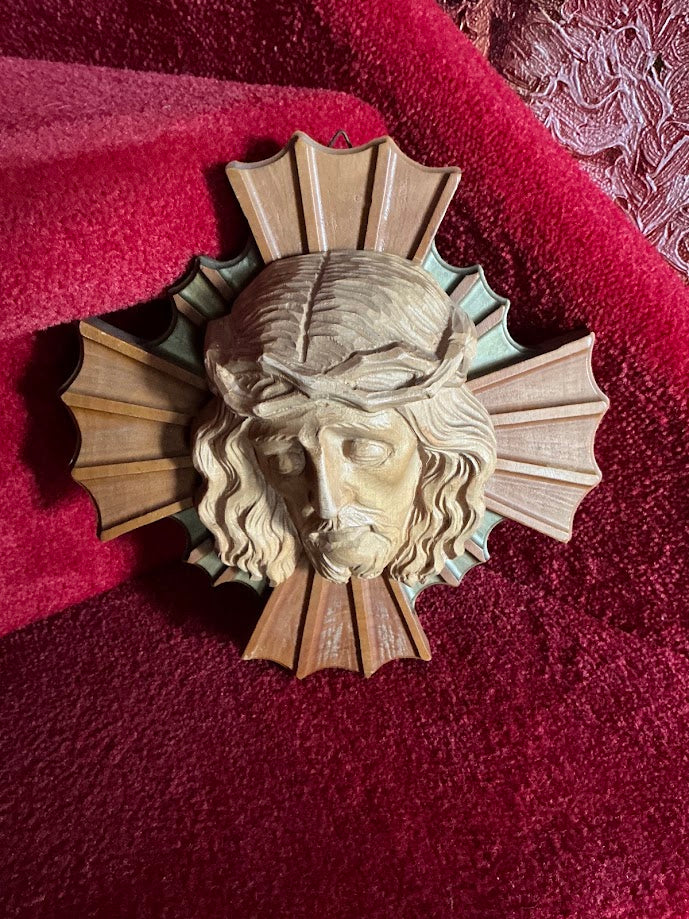 Religie oud houten wandreliëf Jezus met doornenkroon