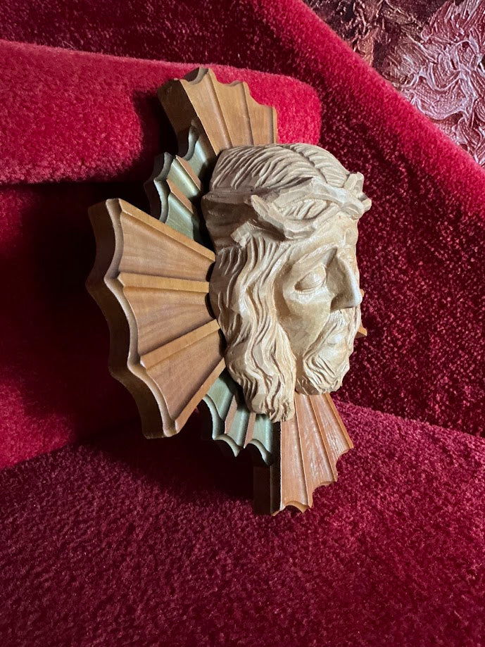 Religie oud houten wandreliëf Jezus met doornenkroon