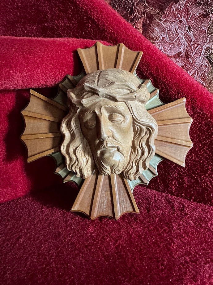 Religie oud houten wandreliëf Jezus met doornenkroon