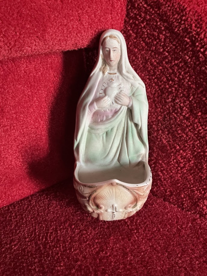 Antiek Frans Wijwaterbakje Maria Heilig Hart