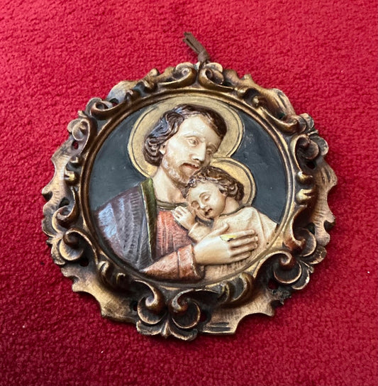 Antique plaster icon Saint Joseph with child Jesus