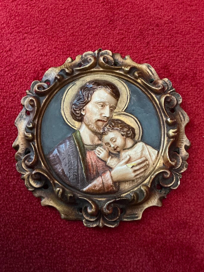Antieke gipsen icoon Sint Jozef met kindje Jezus