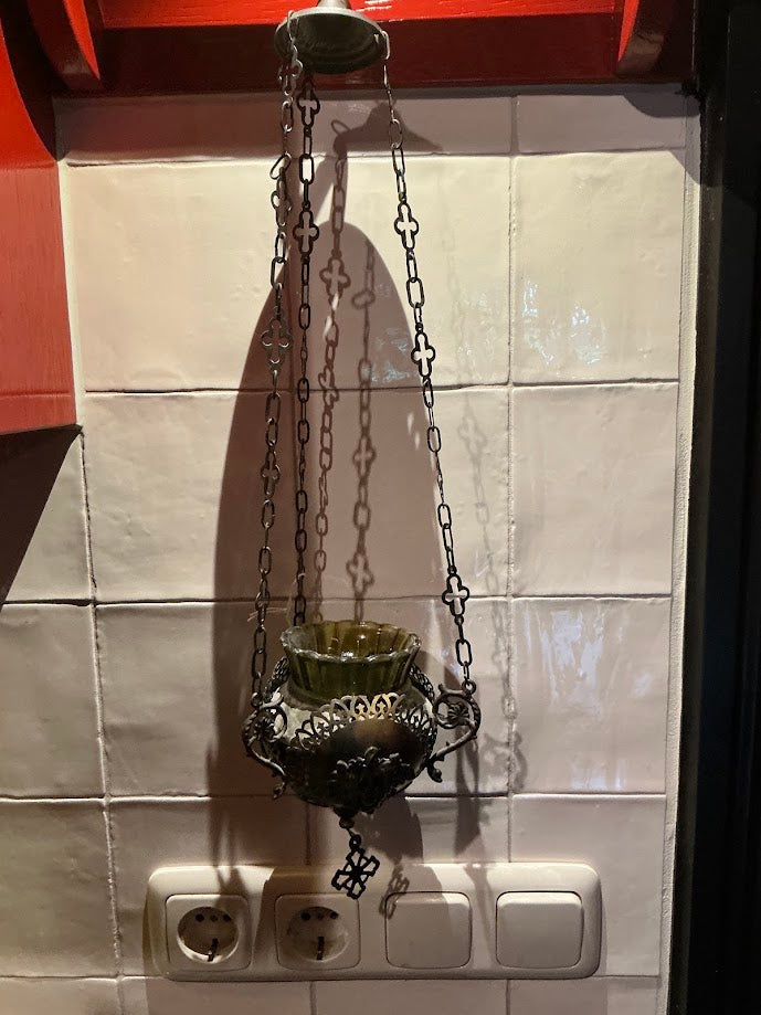 Antieke Franse Koperen godslamp met Druiventrossen