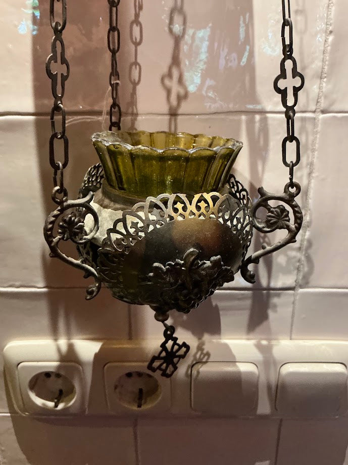 Antieke Franse Koperen godslamp met Druiventrossen