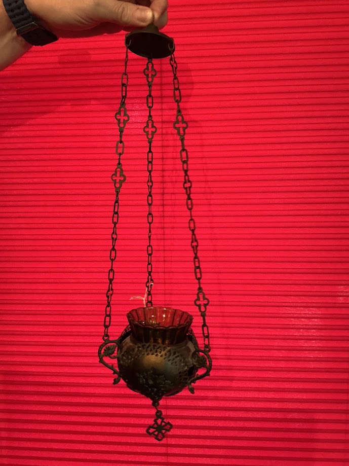 Antieke Franse Koperen godslamp met Druiventrossen