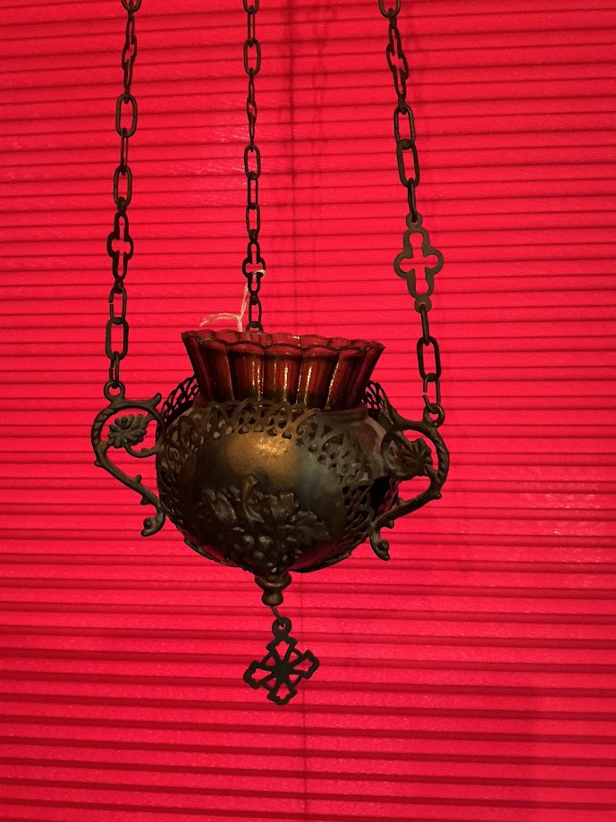 Antieke Franse Koperen godslamp met Druiventrossen