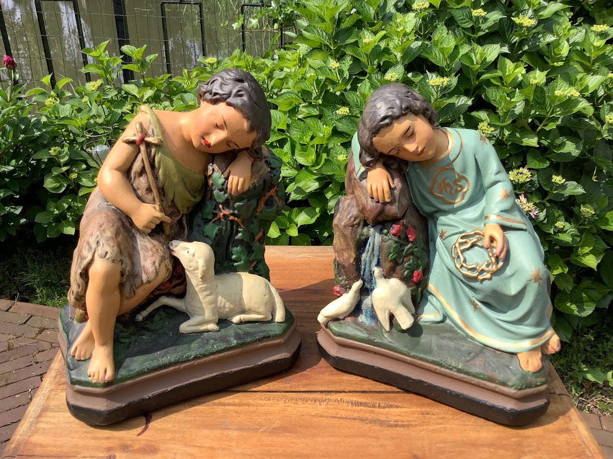 Zeldzame antieke heiligenbeelden Jezus en St Janneke