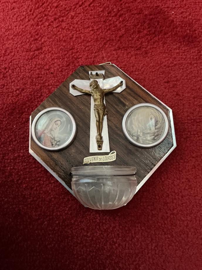 Vintage Lourdes holy water font souvenir of Mary and Bernadette