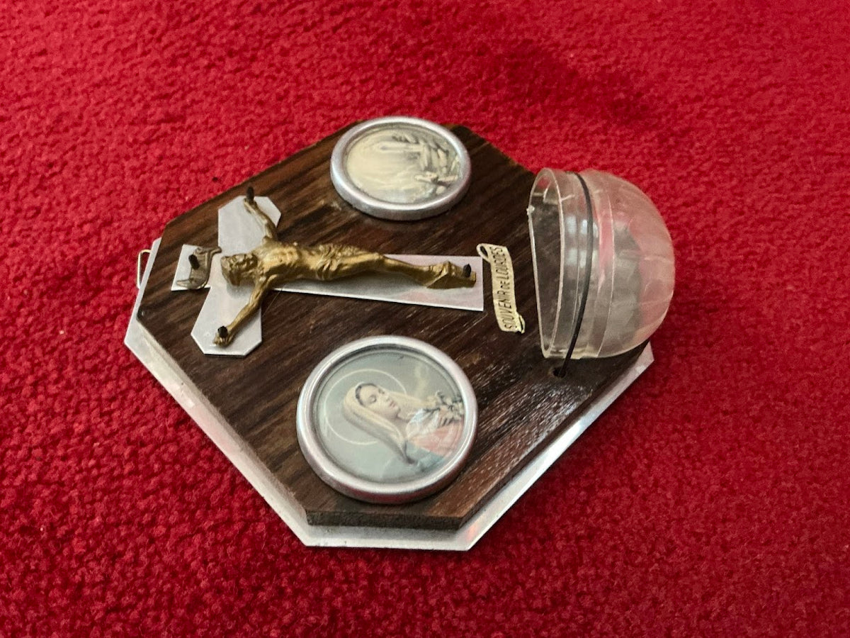 Vintage Lourdes holy water font souvenir of Mary and Bernadette