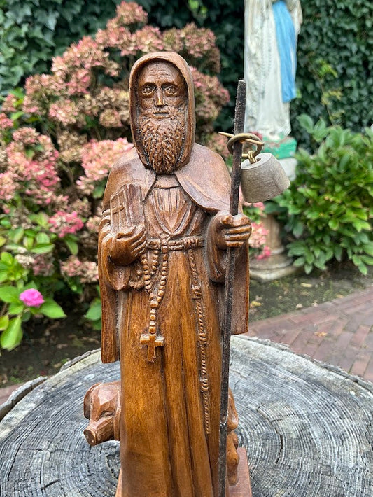 Uniek houten heiligenbeeld St Anthonius Abt met varken