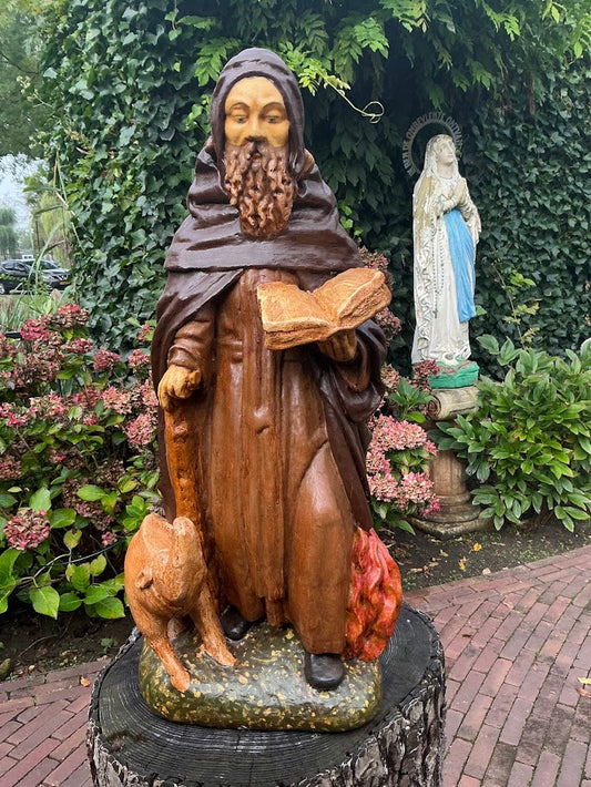 Prachtig oud heiligenbeeld St Anthonius Abt met varken