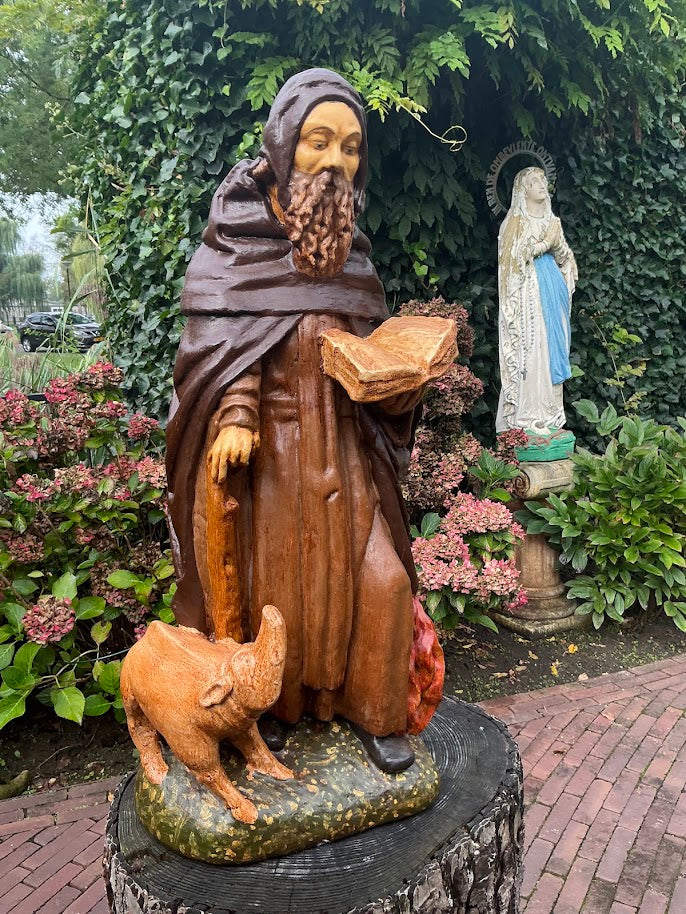 Prachtig oud heiligenbeeld St Anthonius Abt met varken