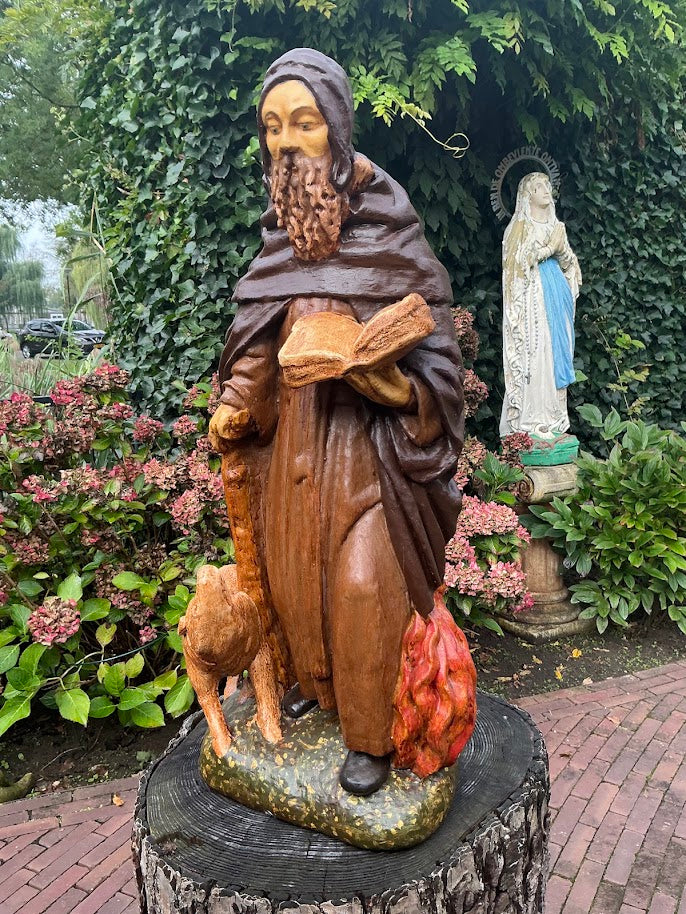 Prachtig oud heiligenbeeld St Anthonius Abt met varken