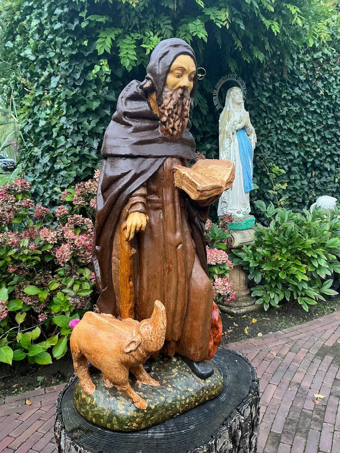 Prachtig oud heiligenbeeld St Anthonius Abt met varken