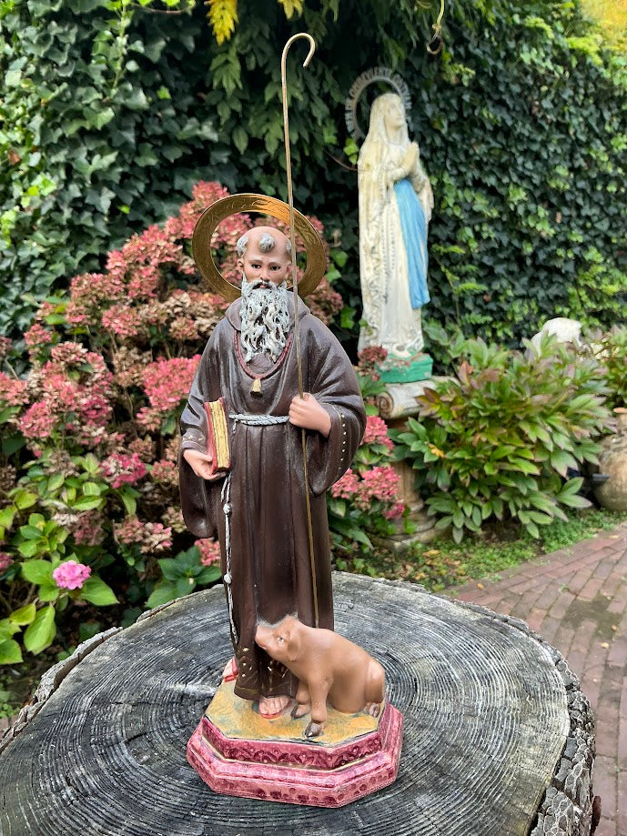 Belgian statue of Saint Anthony the Abbot with a pig