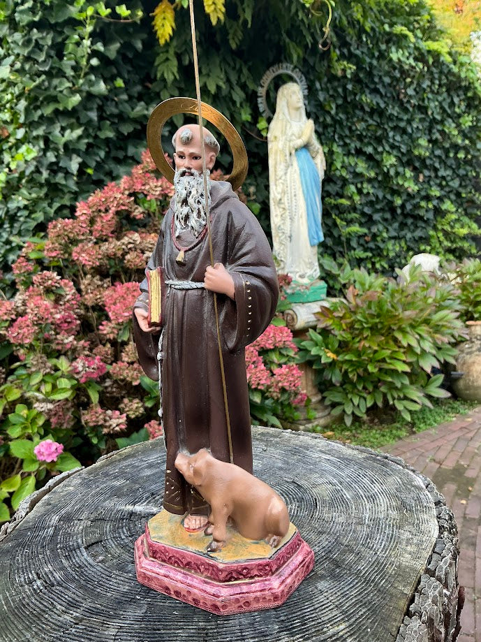 Belgian statue of Saint Anthony the Abbot with a pig