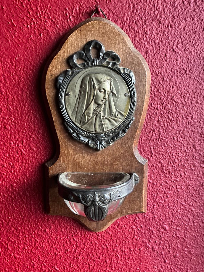 Antique French wooden holy water font, bénitier, with a relief of Mary