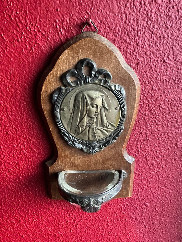 Antique French wooden holy water font, bénitier, with a relief of Mary