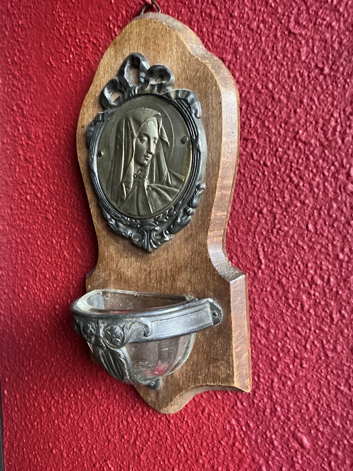 Antique French wooden holy water font, bénitier, with a relief of Mary