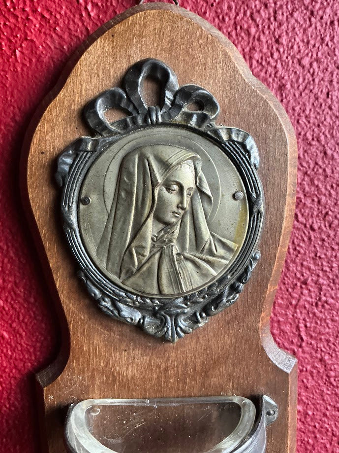 Antique French wooden holy water font, bénitier, with a relief of Mary