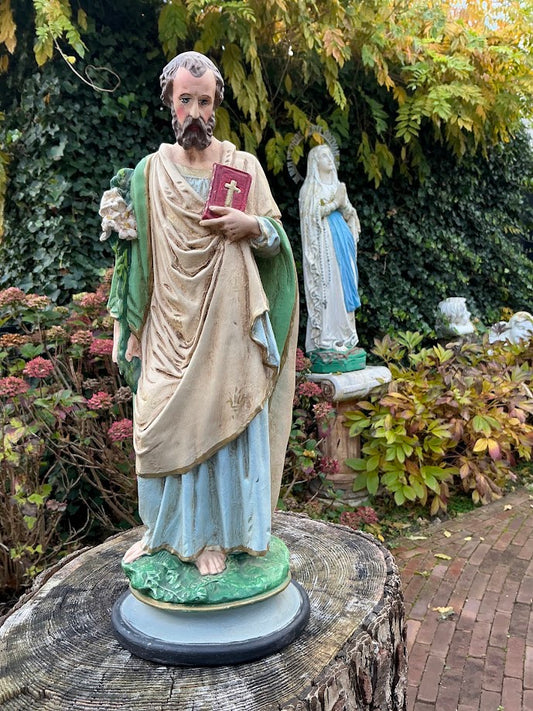 Zeldzaam Frans heiligenbeeld van Sint Jozef – jaren ’30 – gipsen beeld uit Franse Ardennen – antiek religieus erfstuk