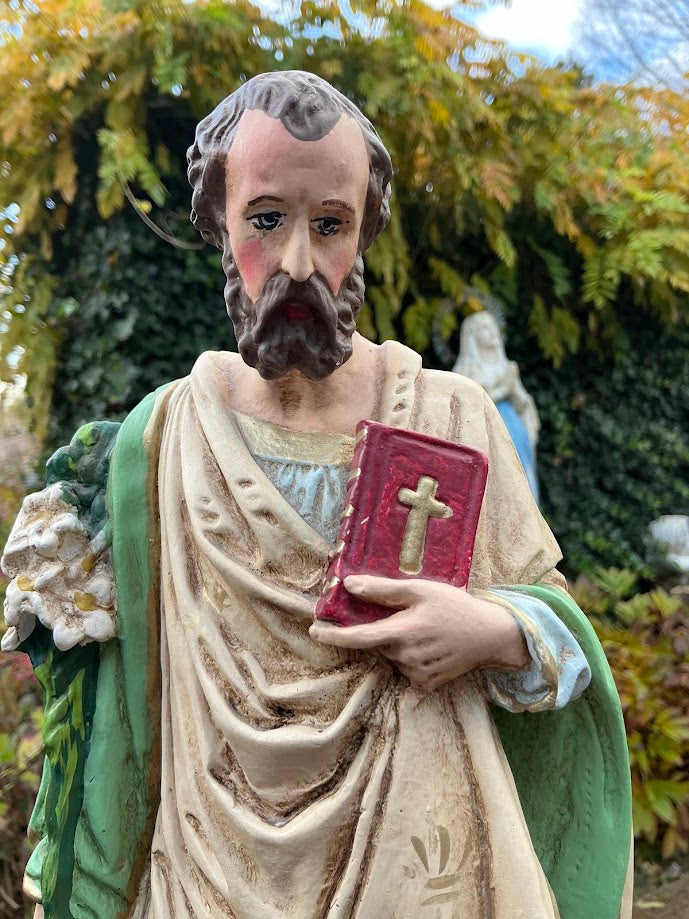 Zeldzaam Frans heiligenbeeld van Sint Jozef – jaren ’30 – gipsen beeld uit Franse Ardennen – antiek religieus erfstuk