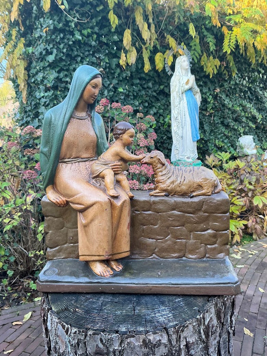 Rare Belgian Statue of Mary c. 1900 – Mary with infant Jesus and lamb – heavy plaster statue – signed Depose 12 – religious heirloom