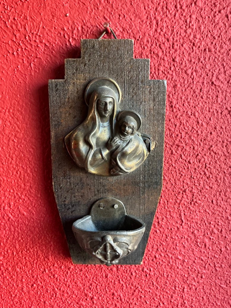Antique French holy water font Mary with child