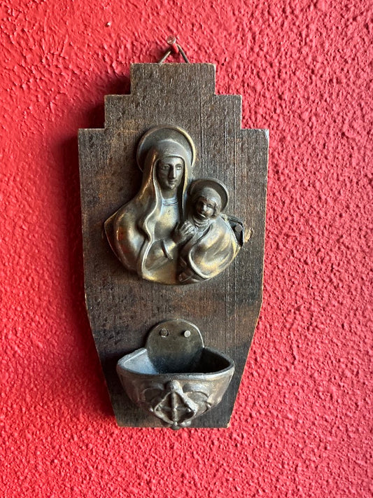 Antique French holy water font Mary with child