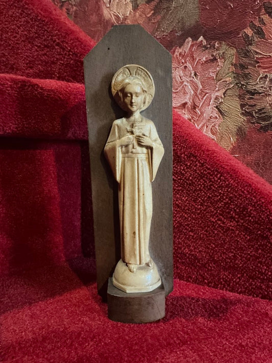 Antique statue of the Infant Jesus on a globe – 1920s – plaster statue on wooden console – pristine religious heirloom